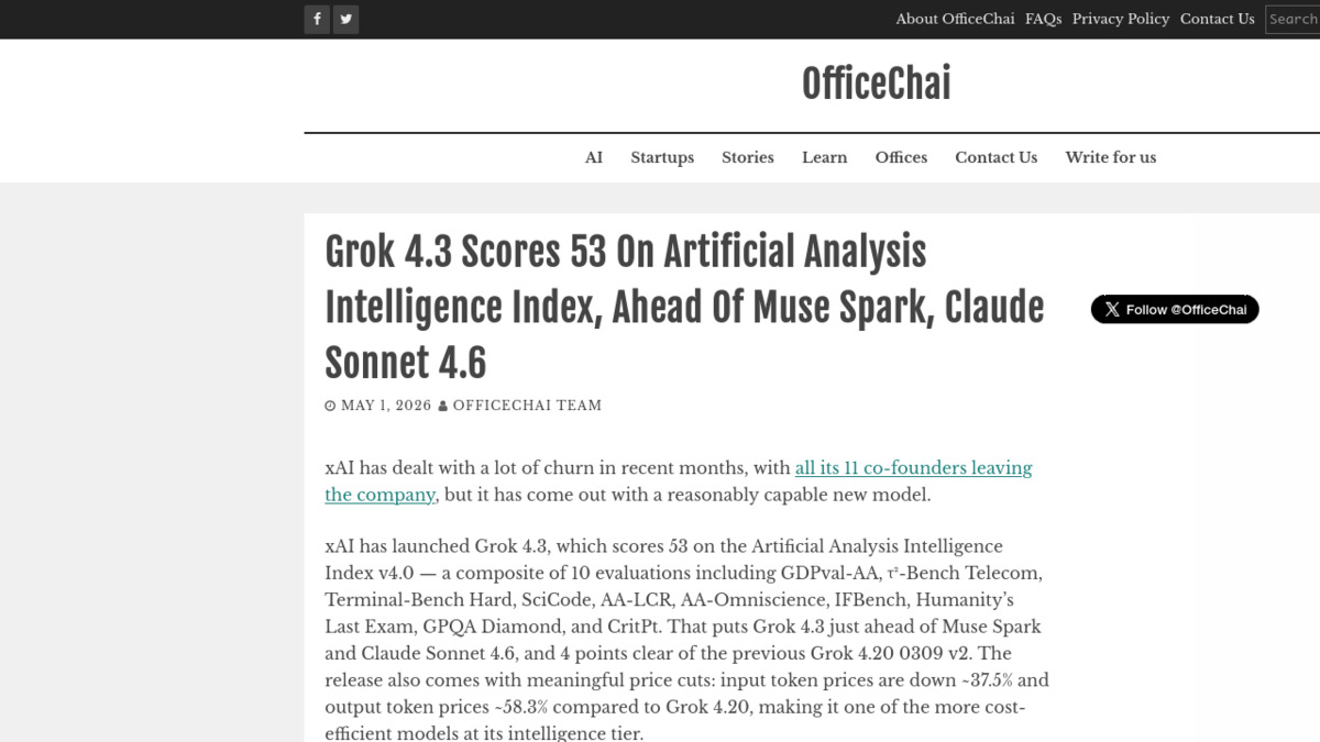 OfficeChai coverage of Grok 4.3 benchmark scores on the Artificial Analysis Intelligence Index
