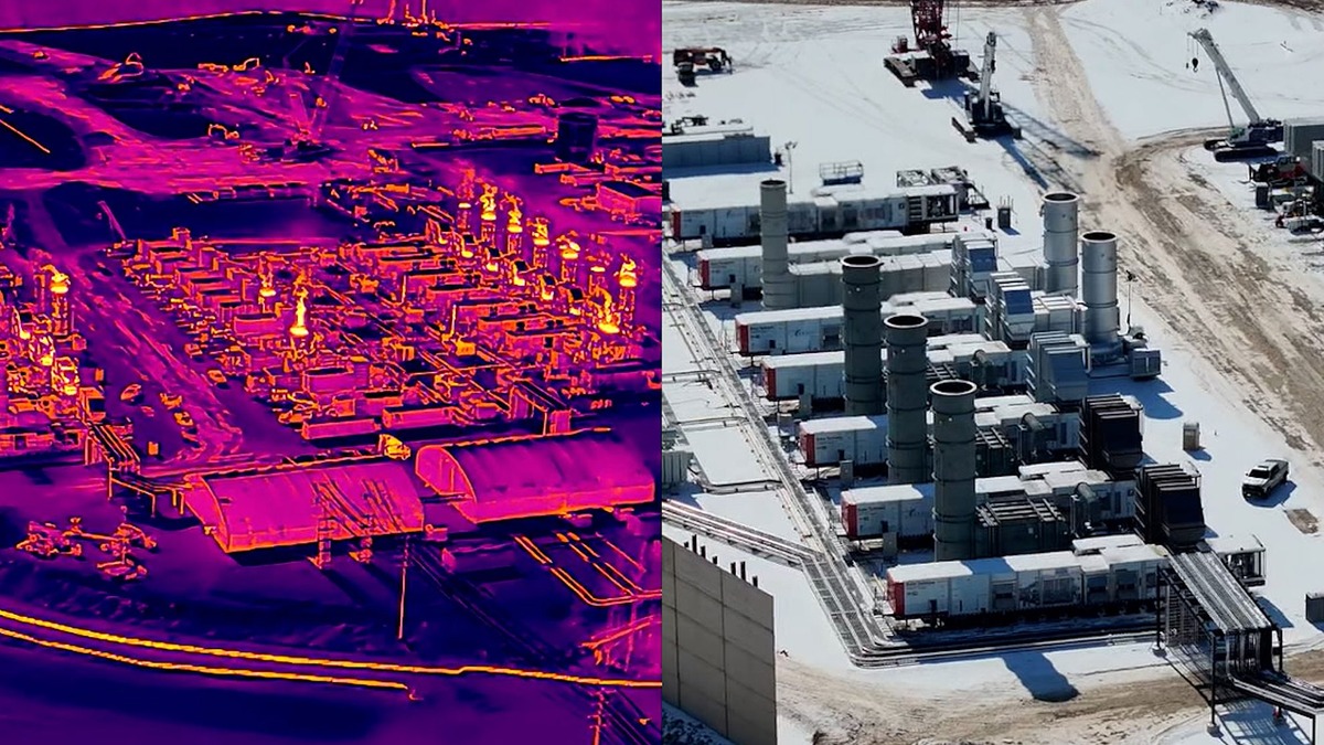 Thermal drone imagery showing turbines generating heat at xAI's Southaven data center