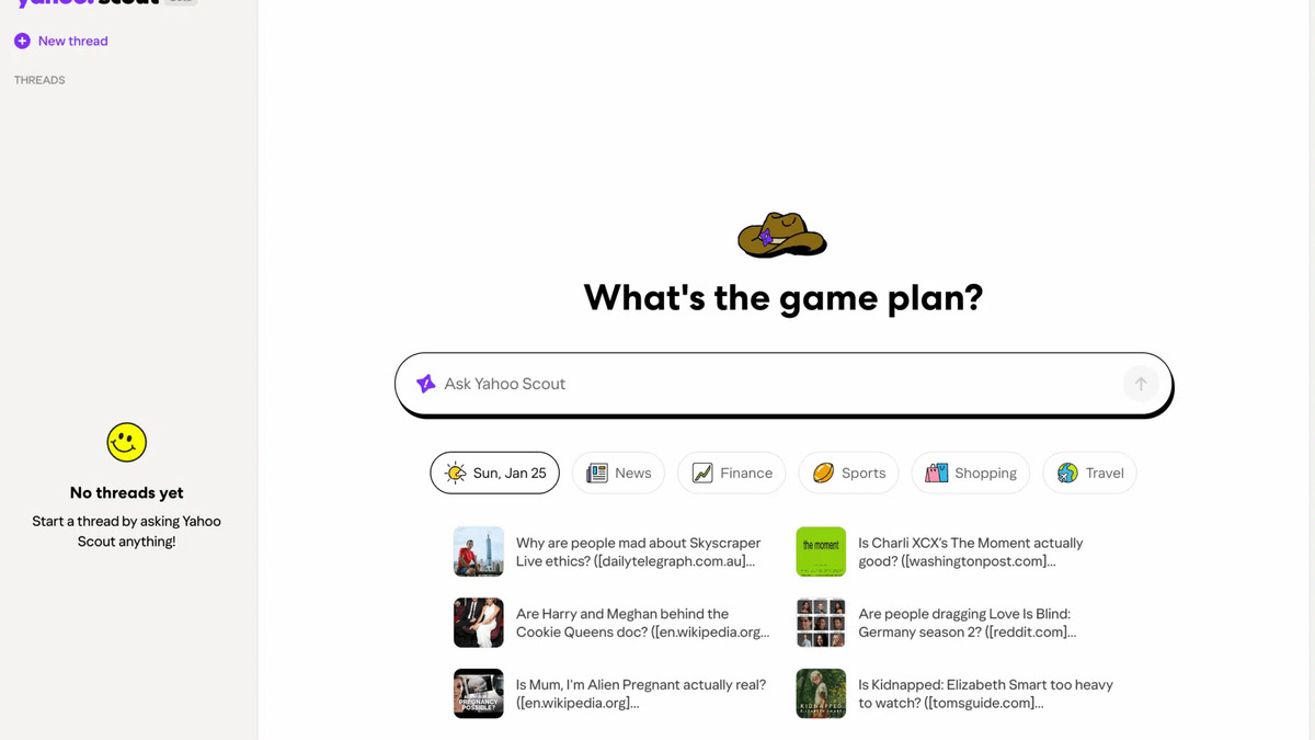 Yahoo Scout's interface, featuring colorful category filters and inline citations