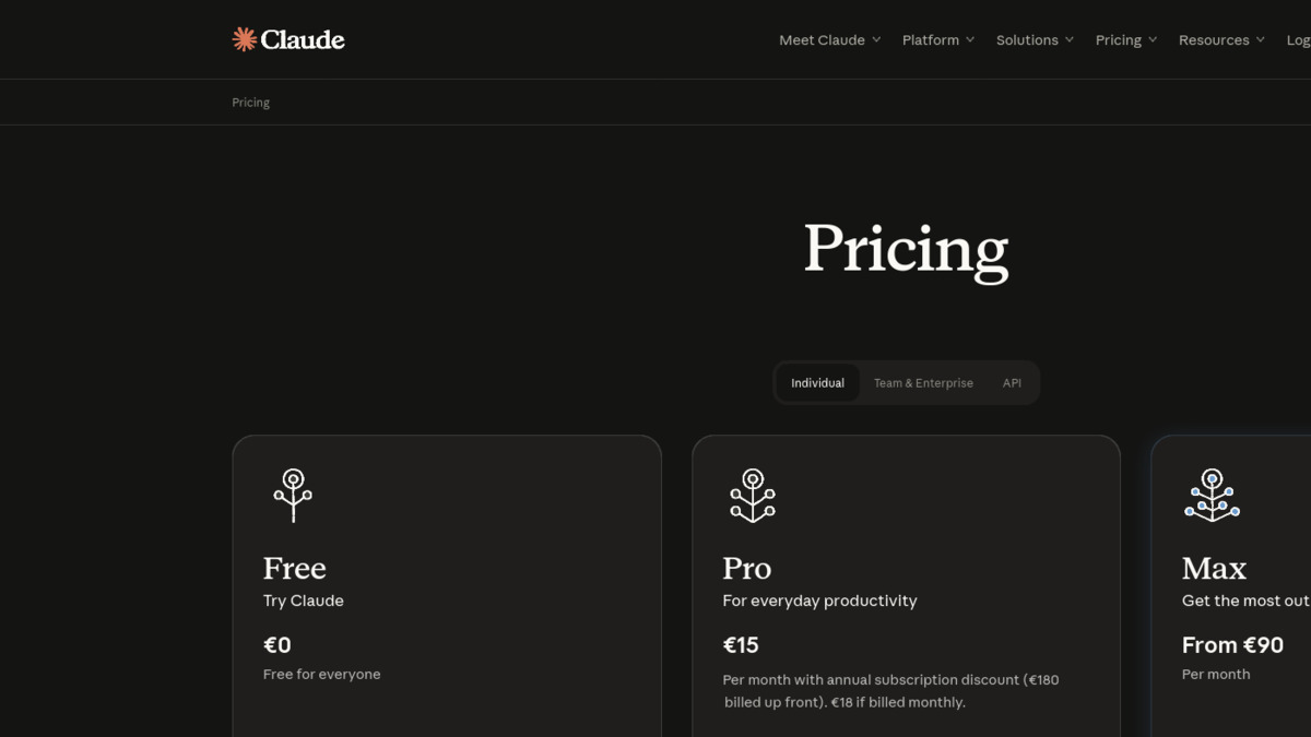 Anthropic's consumer pricing page showing Free, Pro, and Max subscription tiers
