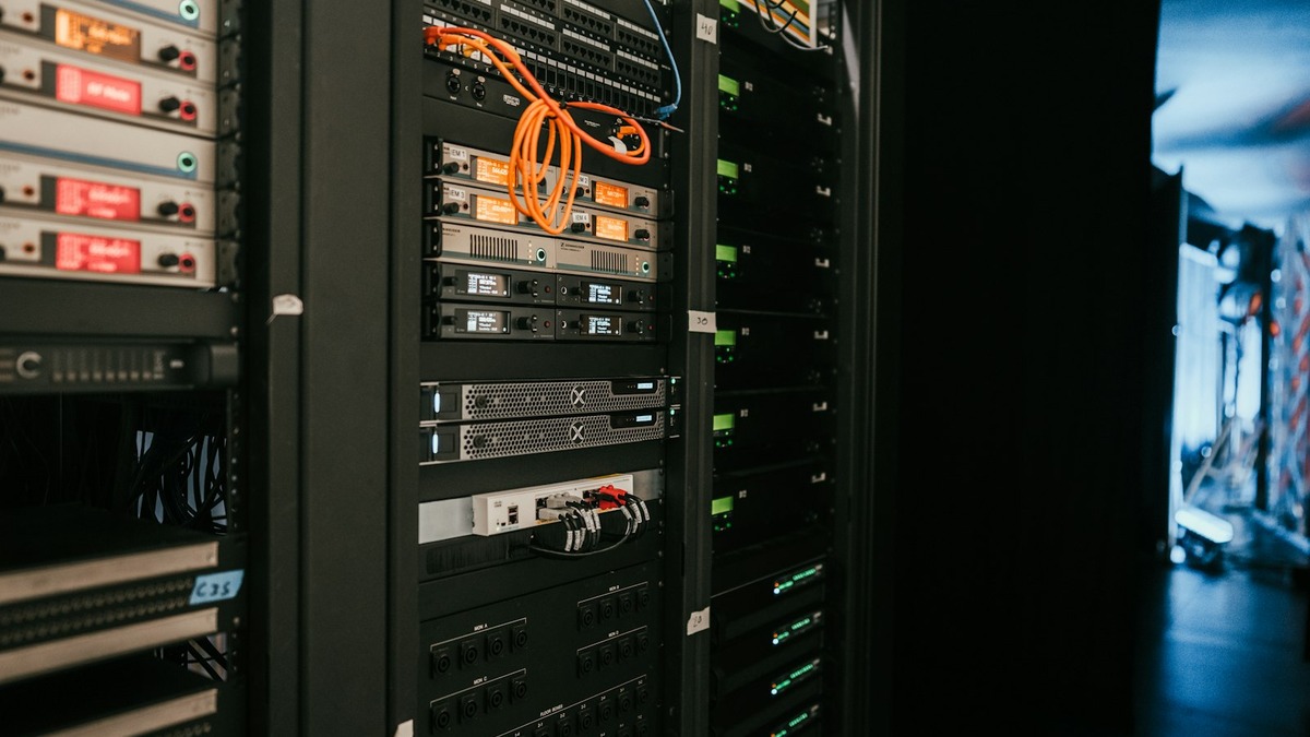 A data center server rack with networking and compute equipment