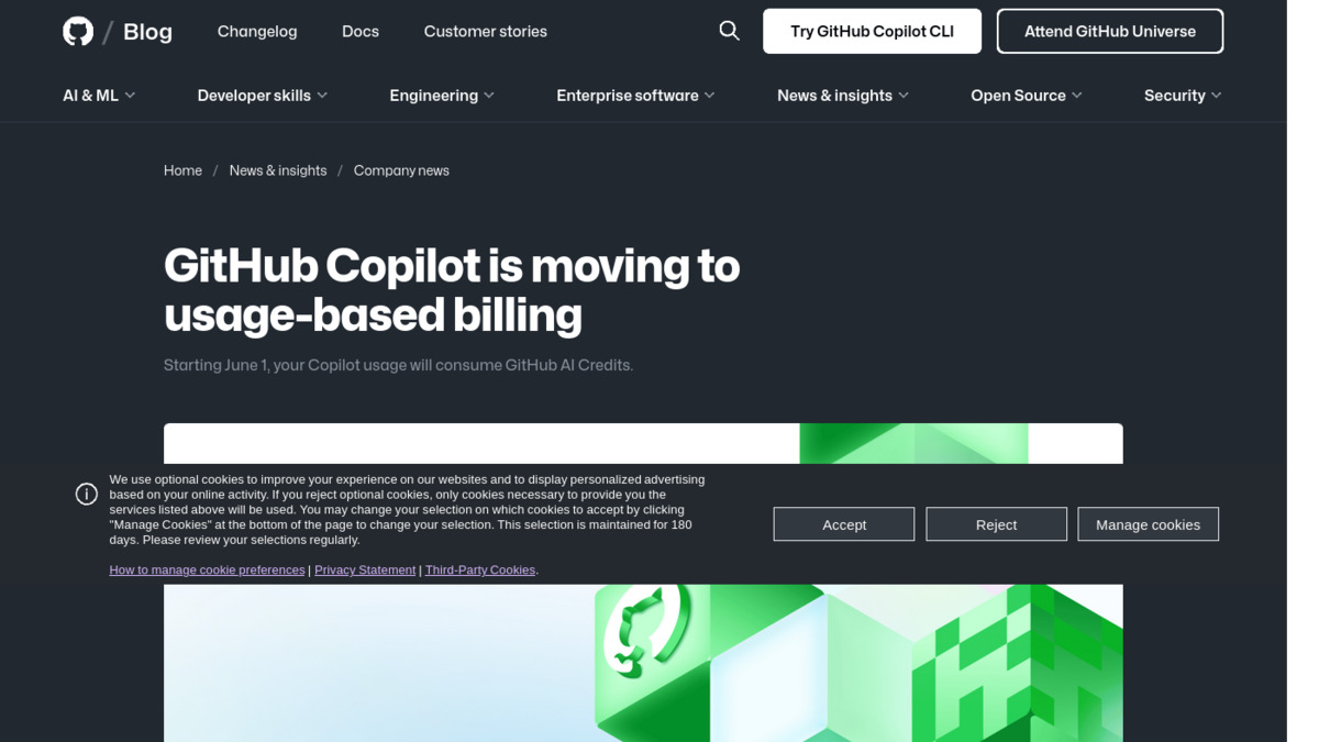 GitHub Copilot billing announcement: moving to usage-based AI Credits from June 1, 2026