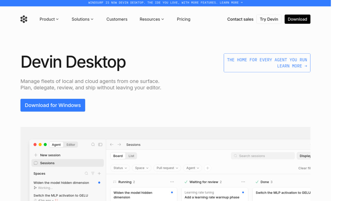 Devin Desktop - formerly Windsurf, showing the Agent Command Center as the default view with Kanban-style session management for local and cloud agents