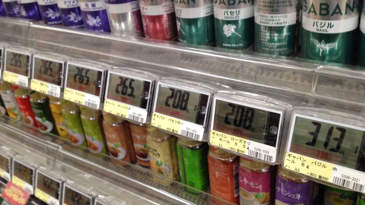 Electronic shelf labels showing real-time price tags in a retail setting