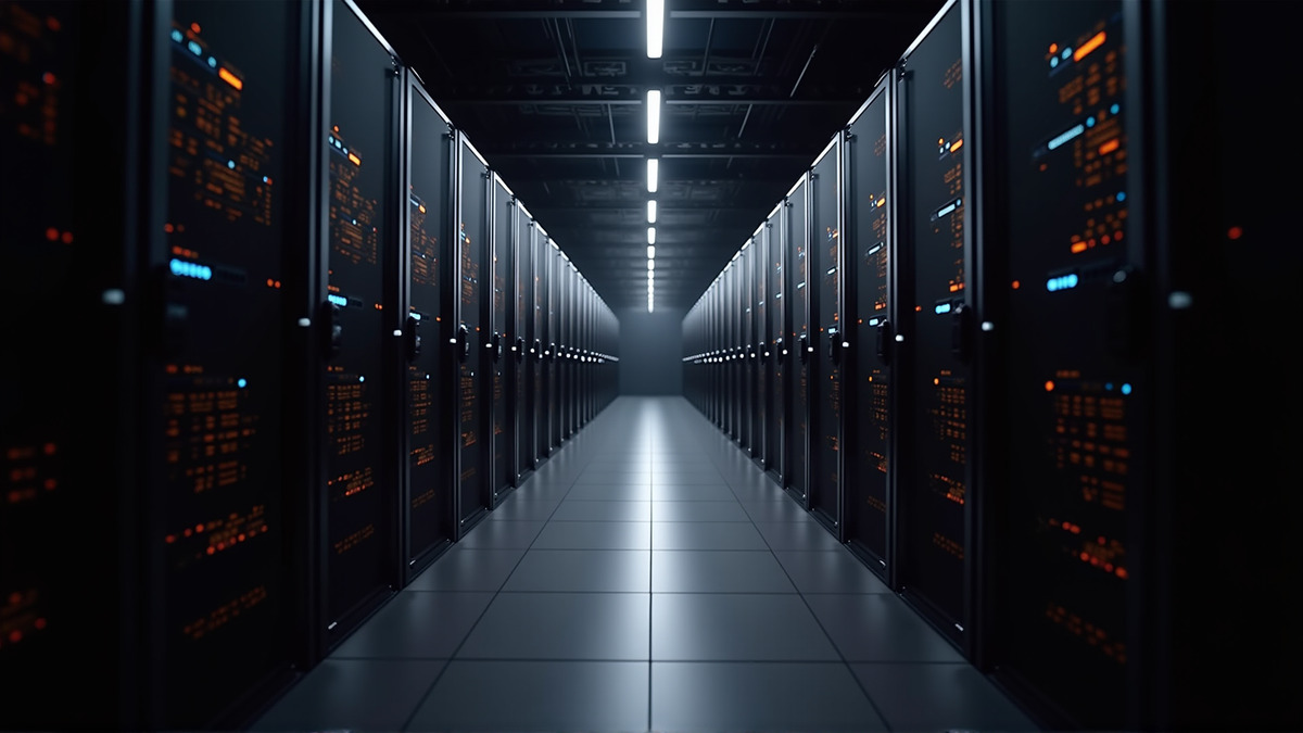 A modern data center corridor with server racks featuring blue and orange LED indicators, dramatic overhead lighting