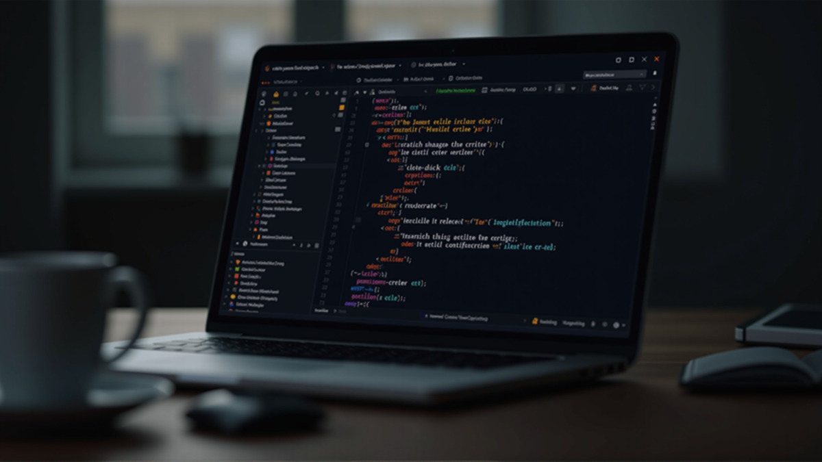 A developer's laptop showing an IDE with AI-assisted code suggestions, dark mode interface with colorful syntax highlighting