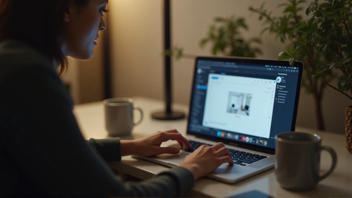 A person working on a laptop with a chat interface visible on screen, colorful ambient lighting, modern workspace setup