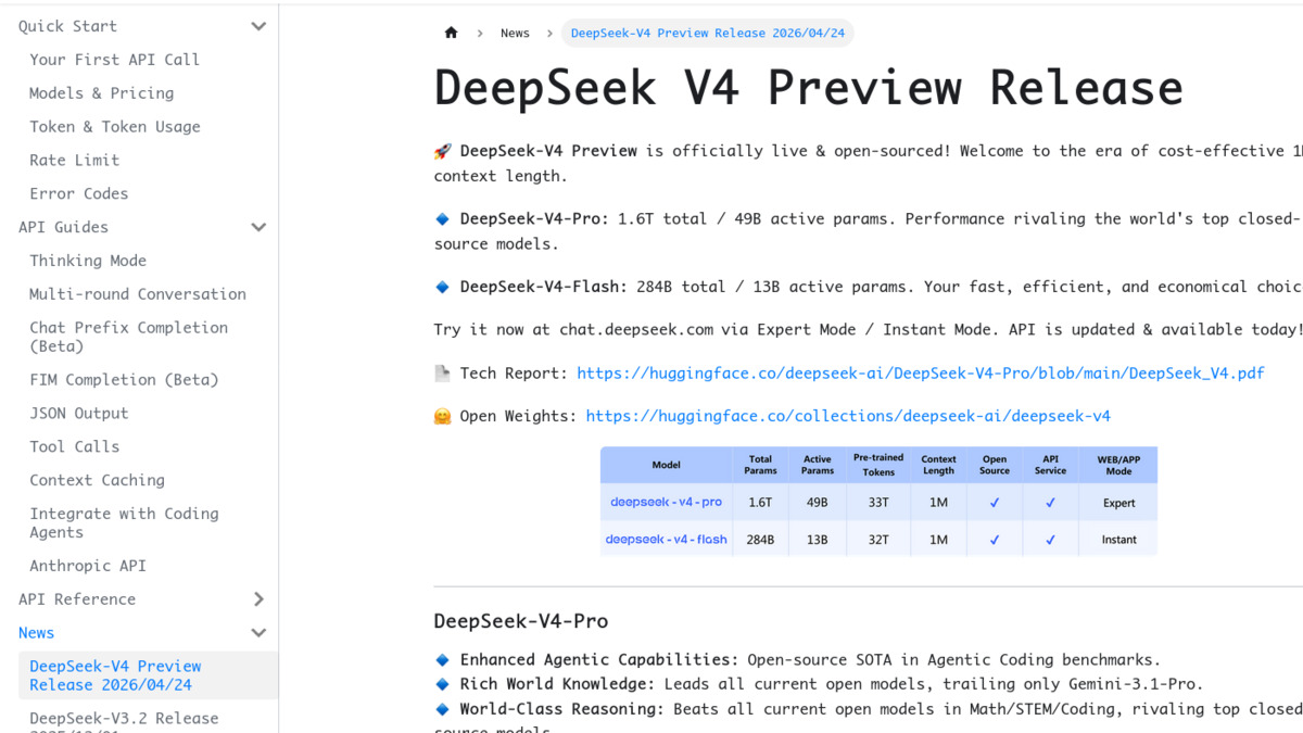DeepSeek V4 Preview Release announcement showing model specs and benchmark table