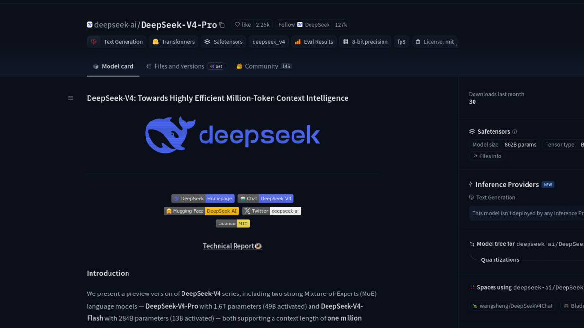 DeepSeek V4-Pro model card on Hugging Face, showing the open-weight release with MIT license