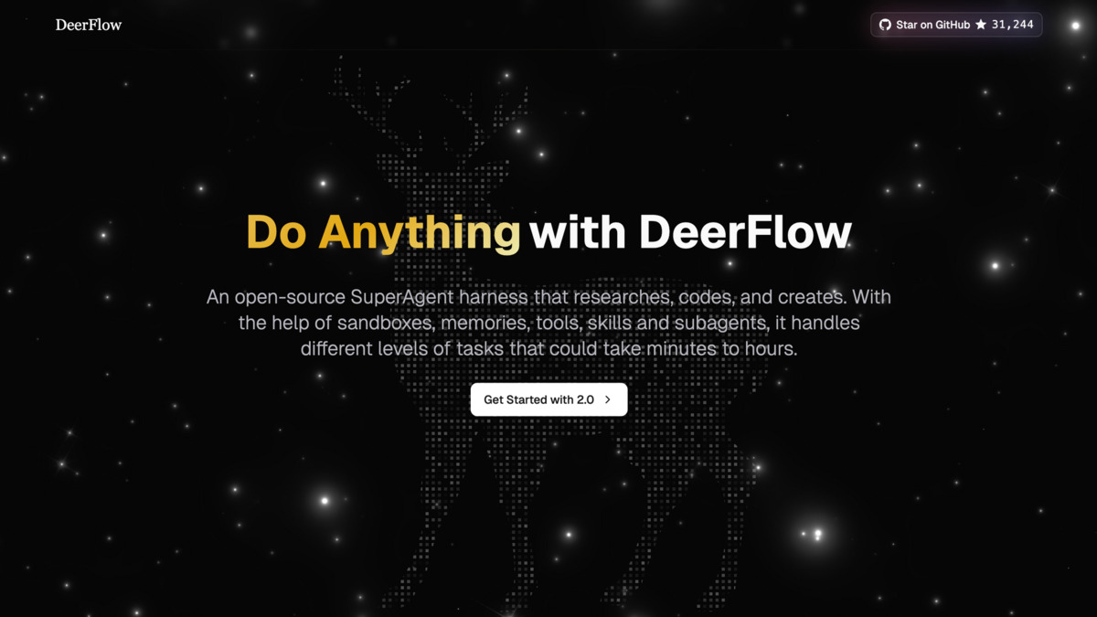 DeerFlow 2.0 web interface showing the main chat UI and GitHub star count