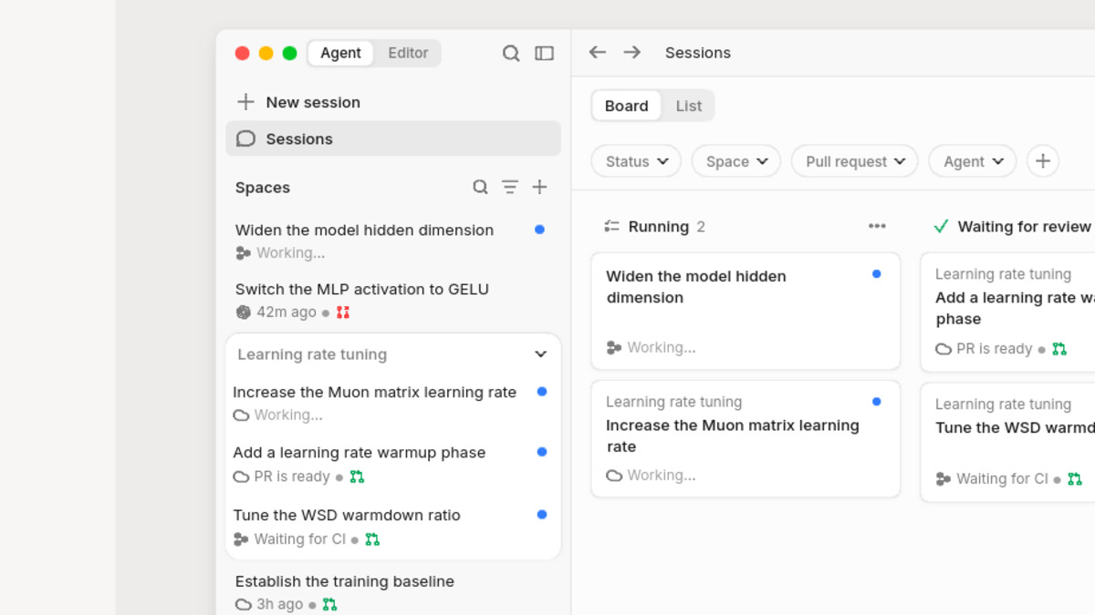 Devin Desktop's Agent Command Center showing a Kanban board with agent sessions grouped by status