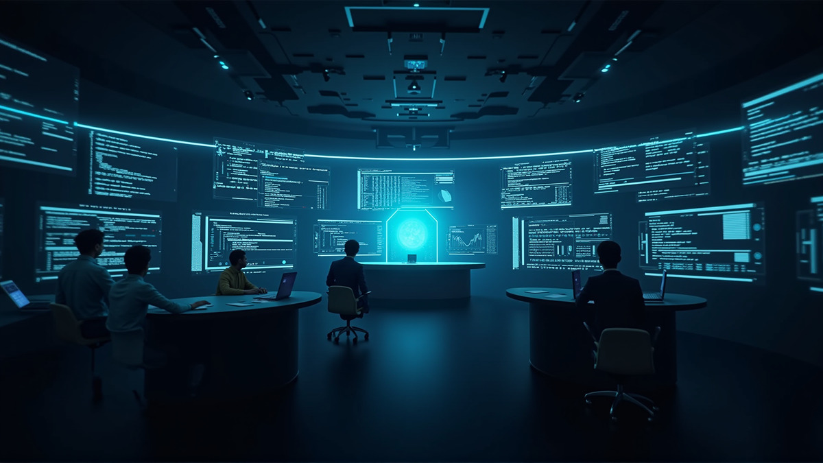 A futuristic autonomous agent workspace with multiple terminal windows and code editors - representing Devin's sandboxed cloud environment
