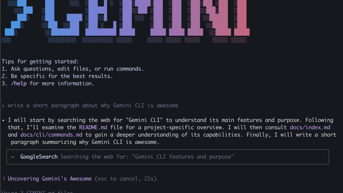 Gemini CLI in action, showing the terminal interface with a code completion task