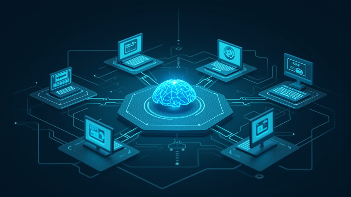 A central AI brain node connected to multiple computer screens representing Manus's multi-agent orchestration system