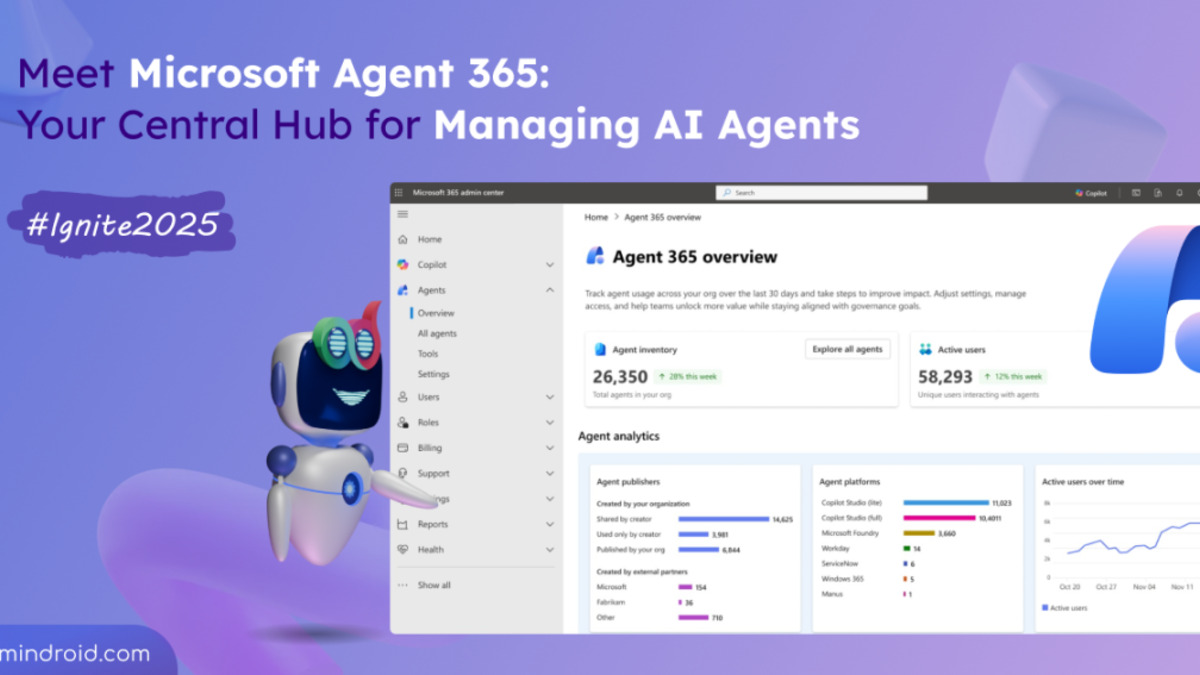 The Agent 365 overview dashboard in the Microsoft 365 admin center, showing agent inventory metrics and platform distribution