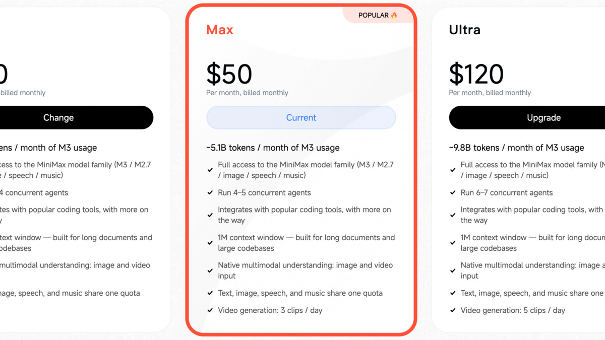 MiniMax M3 subscription token plan tiers showing Plus, Max, and Ultra plans