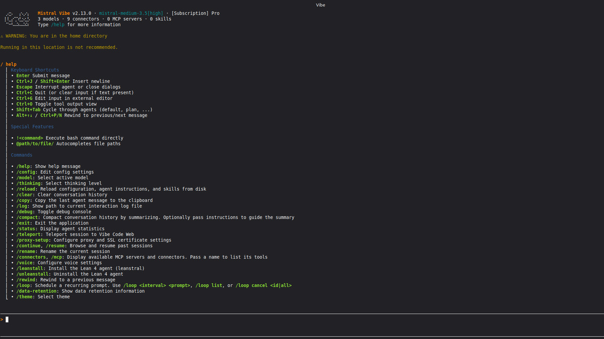 Mistral Vibe CLI running on Linux, showing agent session management