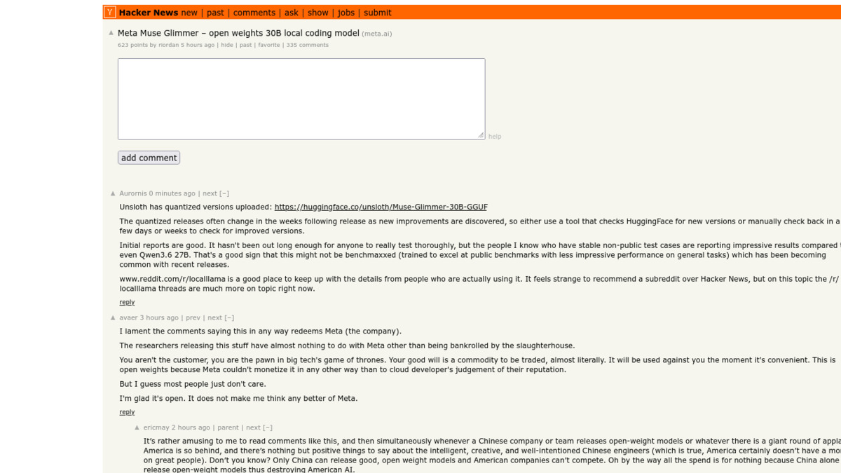 Hacker News discussion thread for the Muse Glimmer launch showing 623 points and 335 comments
