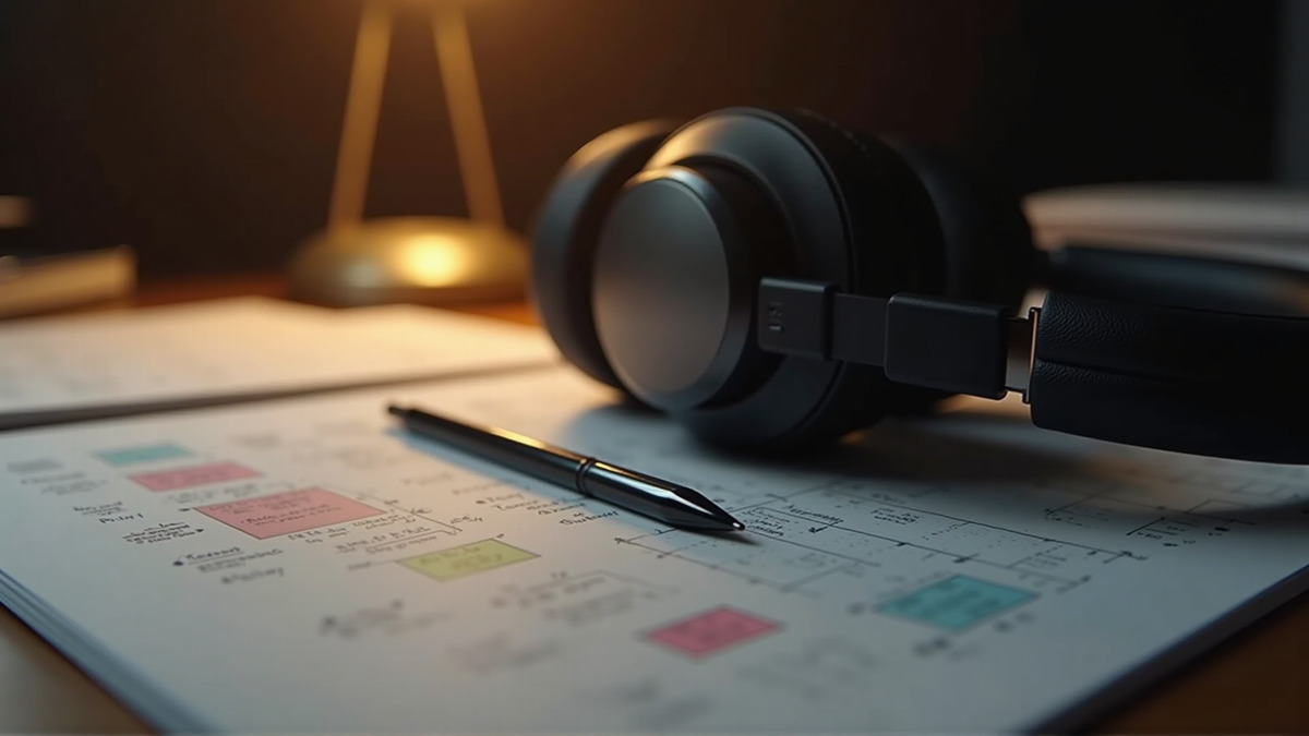 Headphones resting on annotated research documents - the kind of workflow Audio Overviews are designed to replace