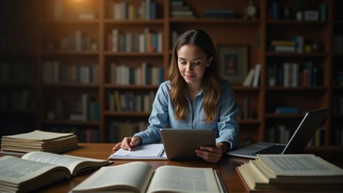 A researcher surrounded by open books and documents with a laptop and tablet - the kind of deep-dive work NotebookLM aims to support