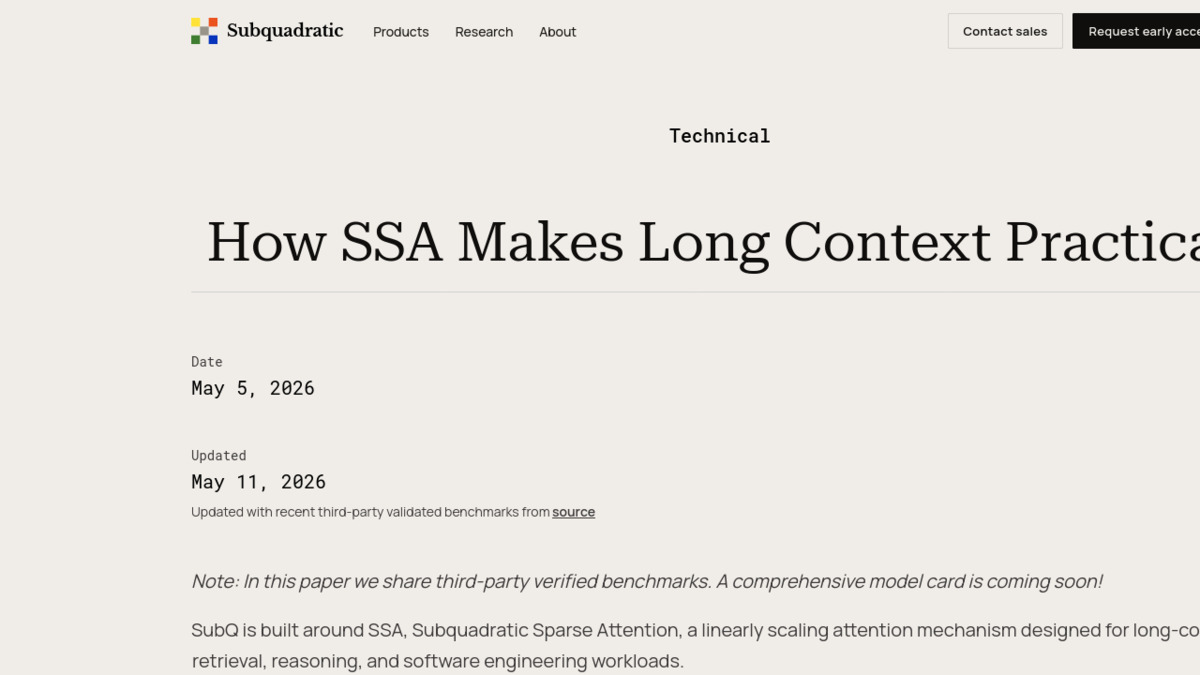 SubQ's technical blog on how SSA makes long context practical