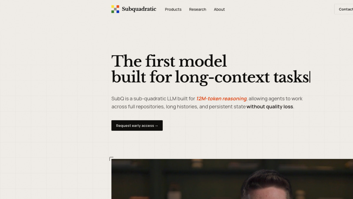 SubQ's website at launch, showing its efficiency-first positioning