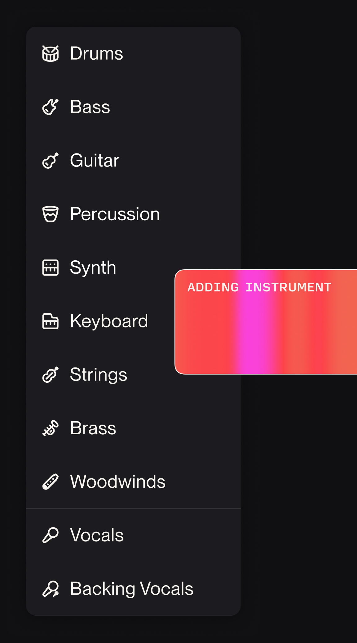Suno Studio's stem generation interface showing a list of available instruments including drums, bass, guitar, percussion, synth, keyboard, strings, brass, woodwinds, vocals, and backing vocals