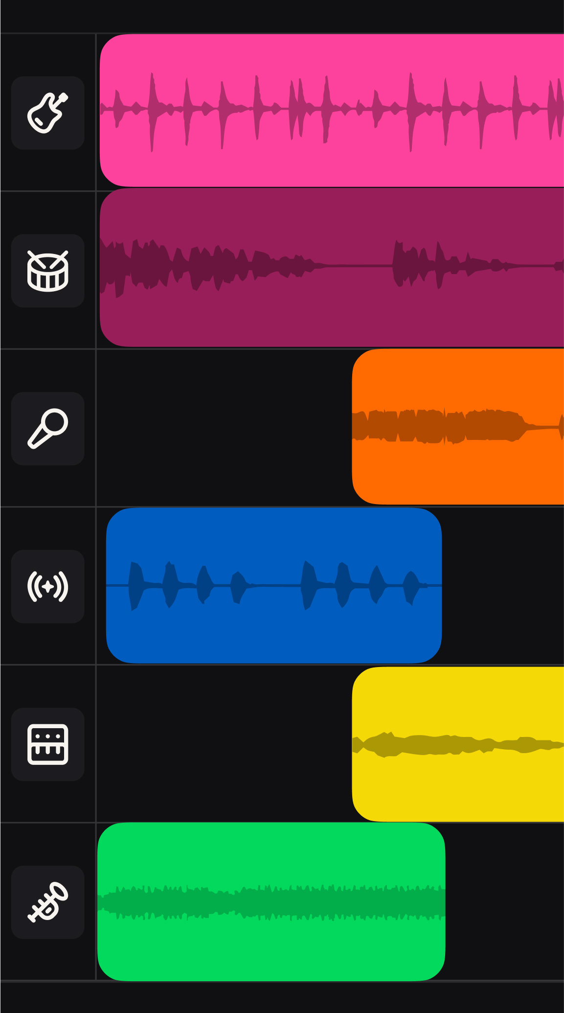 Suno Studio's multitrack editor showing color-coded stems for guitar, drums, vocals, effects, synths, and other instruments arranged on a dark timeline