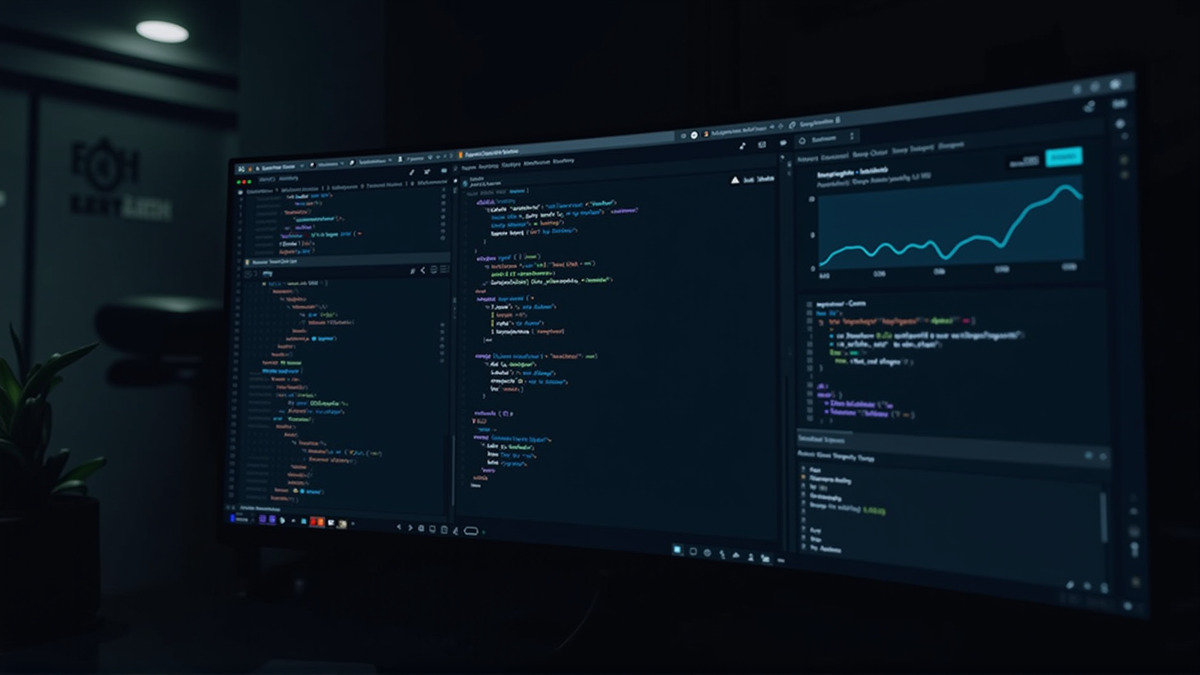 Multiple code windows and diff views on a wide monitor showing a developer workspace