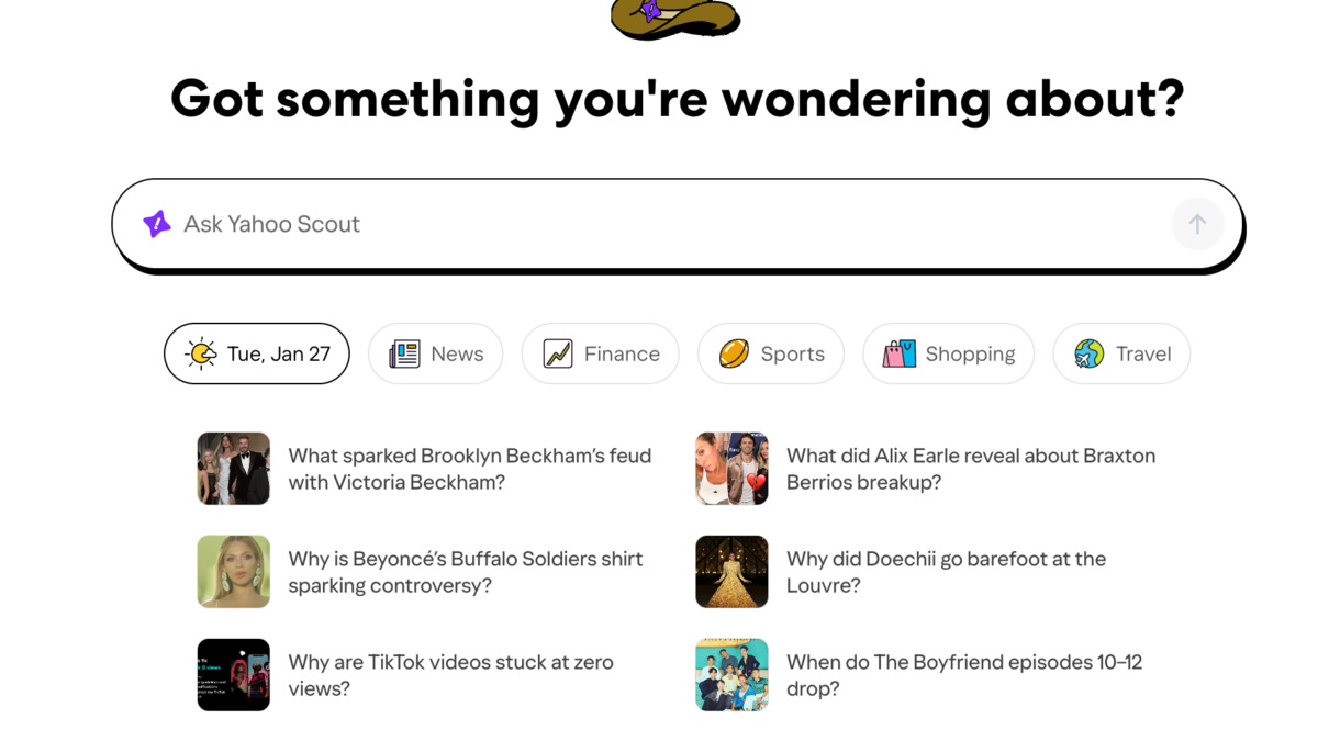 Yahoo Scout's search interface showing blue hyperlinks and structured answer cards
