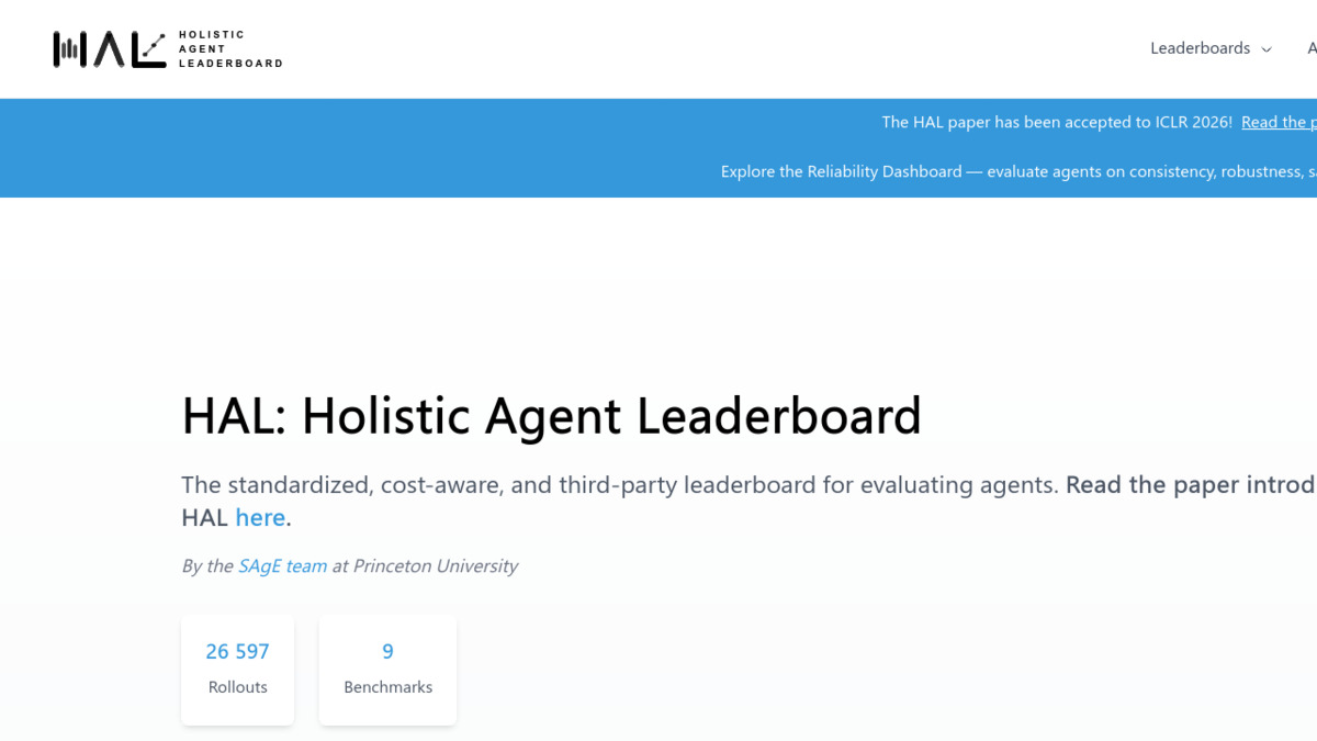 Homepage of the Holistic Agent Leaderboard showing rollout and benchmark counts