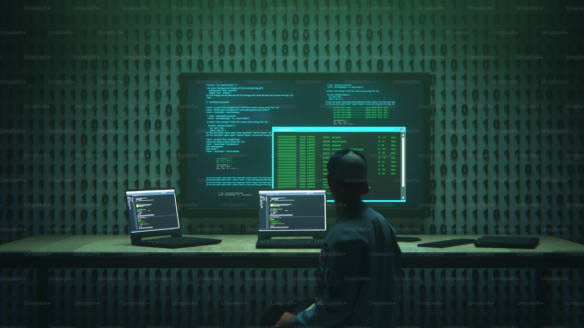 Multiple computer screens displaying code in a dark room
