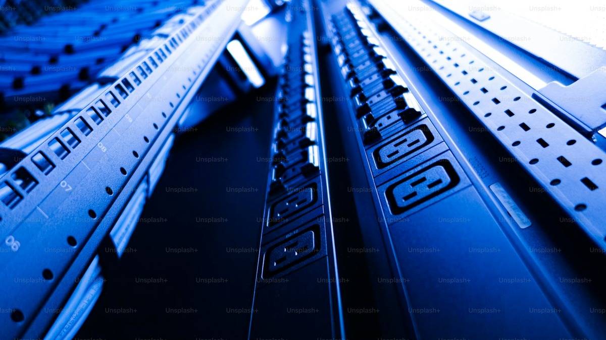 Blue-toned server racks in a modern data center