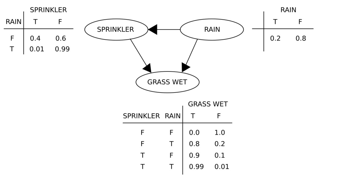 A simple Bayesian network showing conditional probability relationships between nodes