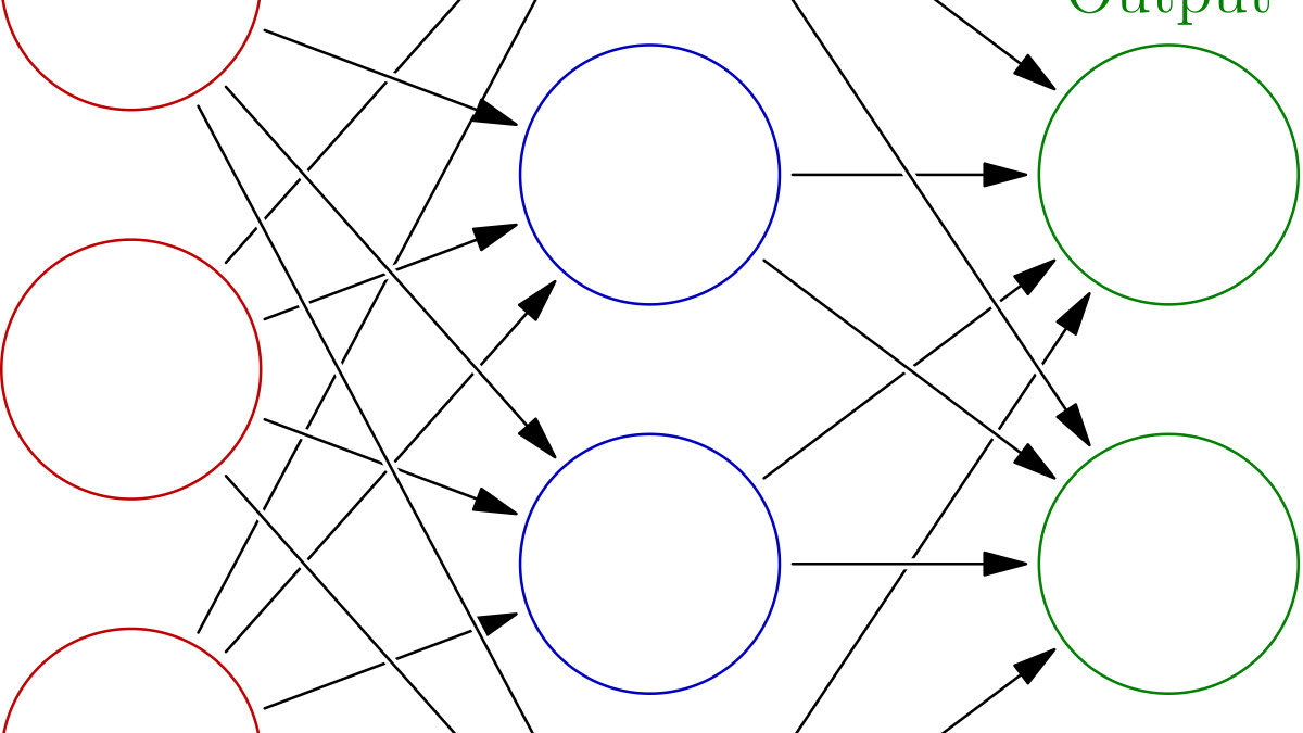 Colored neural network diagram showing input, hidden, and output layers