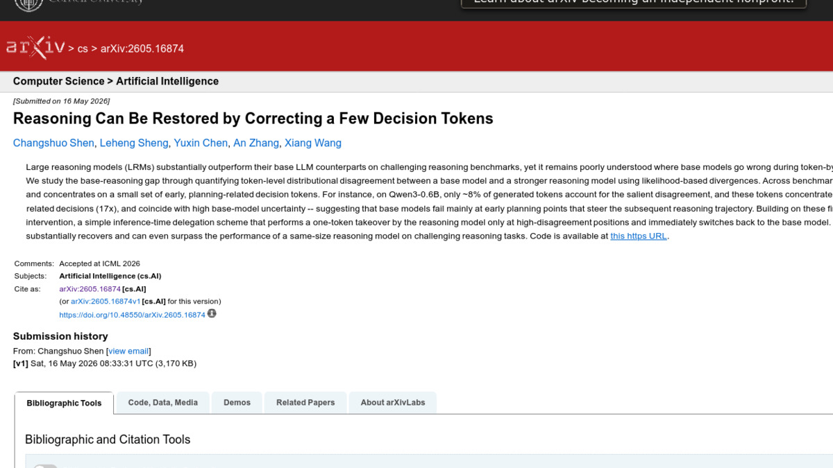 arXiv abstract page for "Reasoning Can Be Restored by Correcting a Few Decision Tokens"