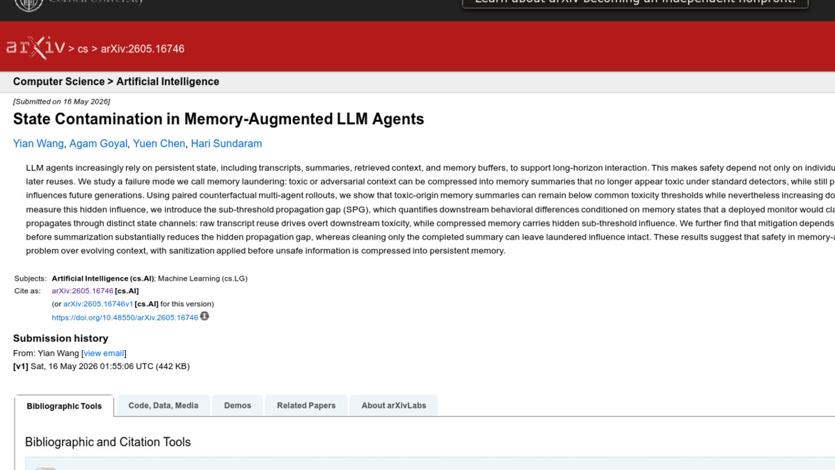 arXiv abstract page for "State Contamination in Memory-Augmented LLM Agents"