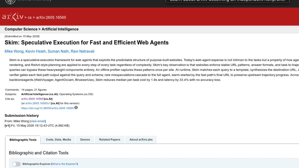 arXiv abstract page for "Skim: Speculative Execution for Fast and Efficient Web Agents"