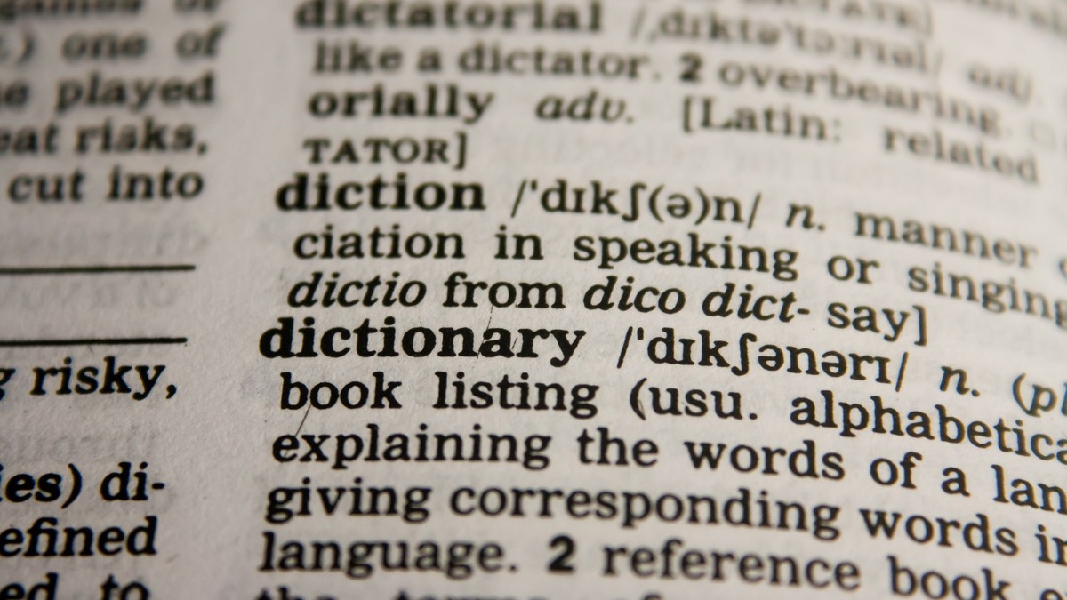 Close-up of a dictionary page showing the word "diction" and its definition