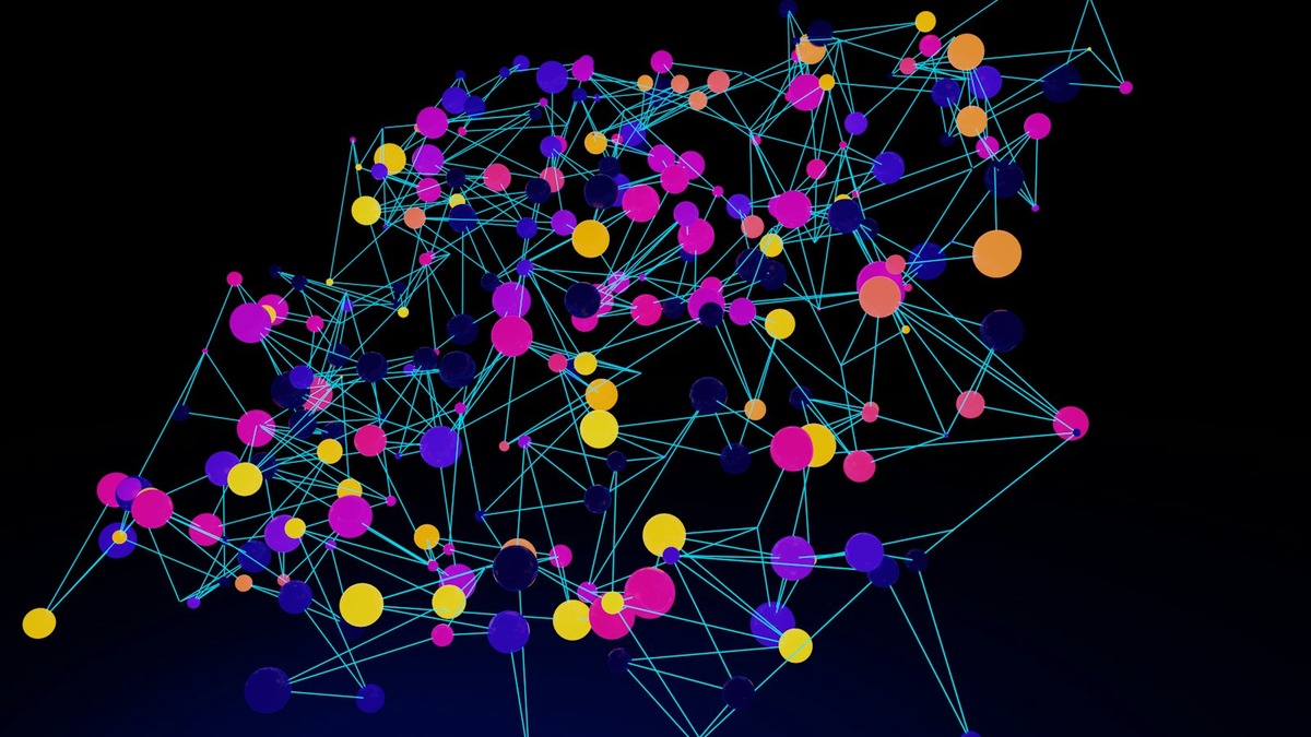 An abstract network of connected colored nodes on a dark background