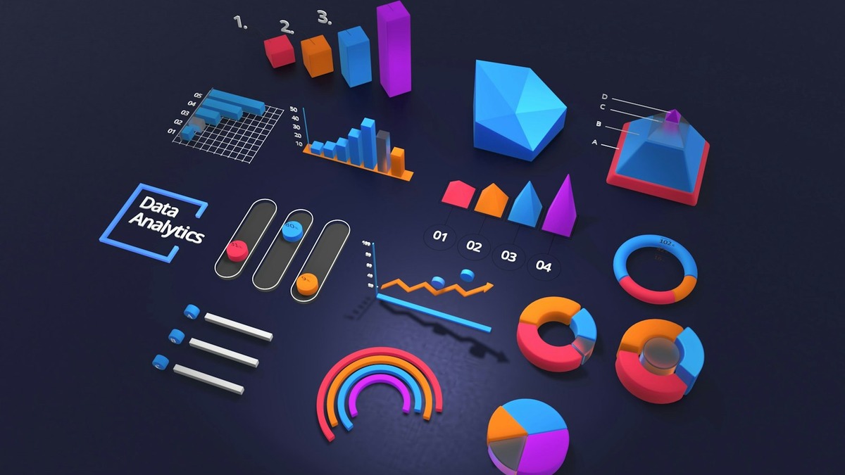 A marketing interface with colorful data visualizations on a monitor
