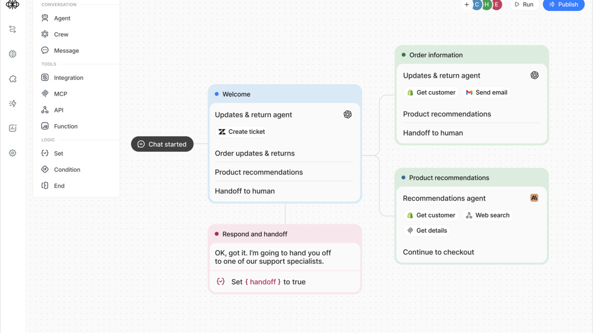 Voiceflow canvas-based visual agent builder