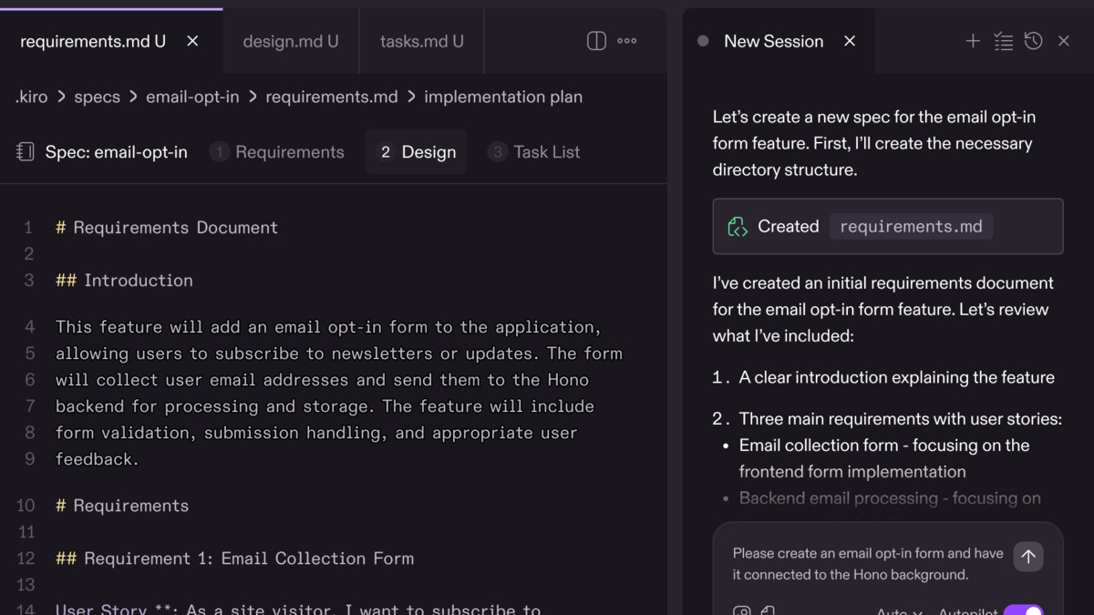 Kiro's spec-driven workflow showing requirements.md document structure