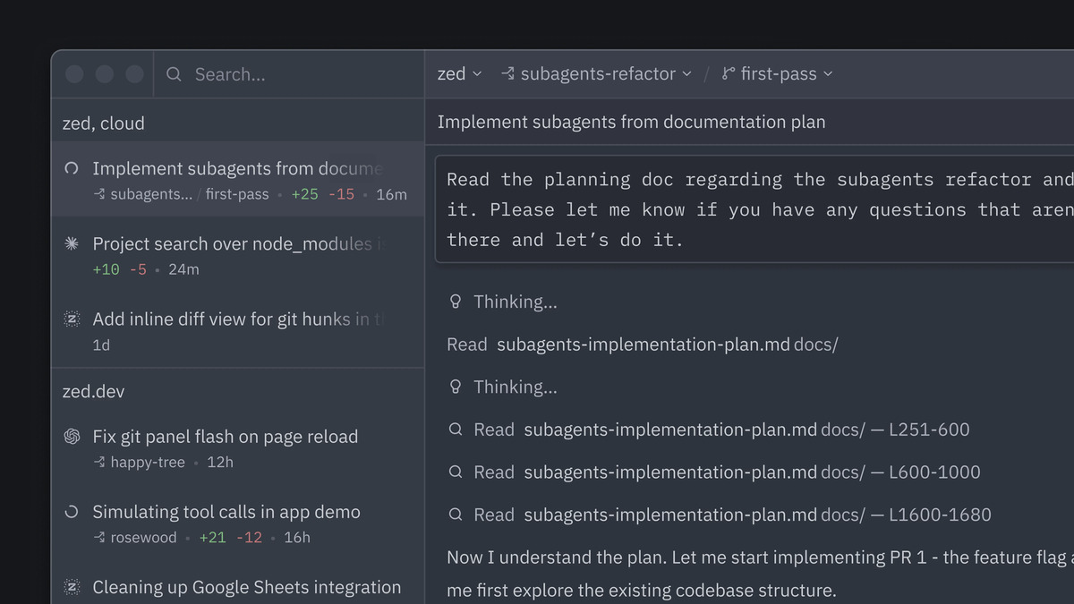 Zed editor showing parallel agent threads in a Rust codebase