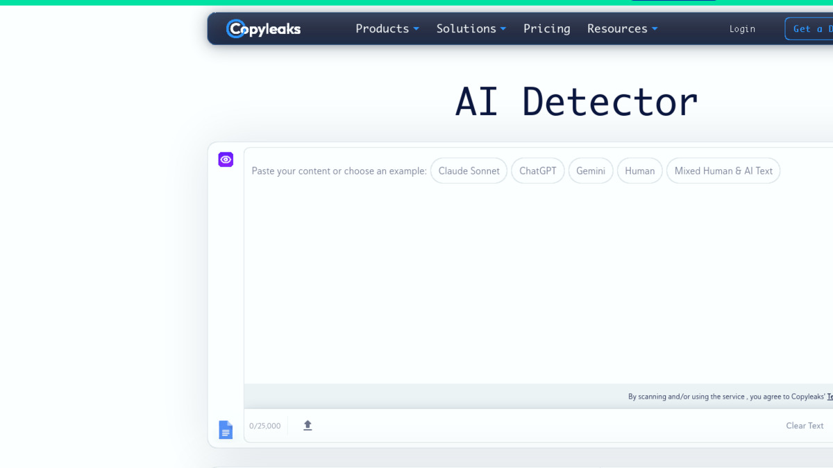 Copyleaks AI detector page showing example content buttons and its 99 percent accuracy claim