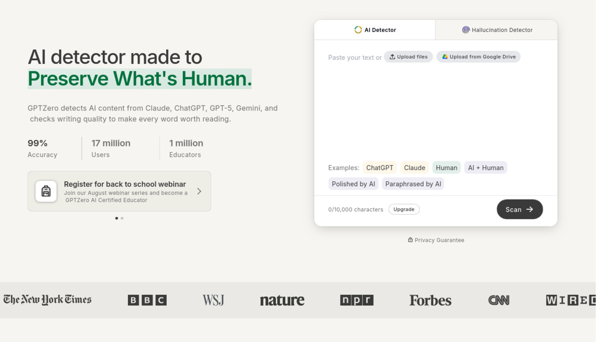 GPTZero's homepage AI detector widget showing its claimed accuracy and user counts