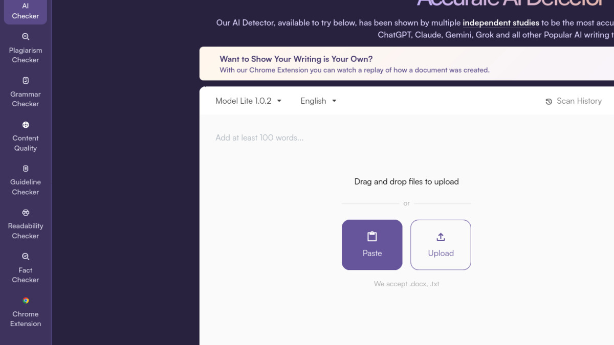 Originality.ai's AI detector interface with model selector and scan history