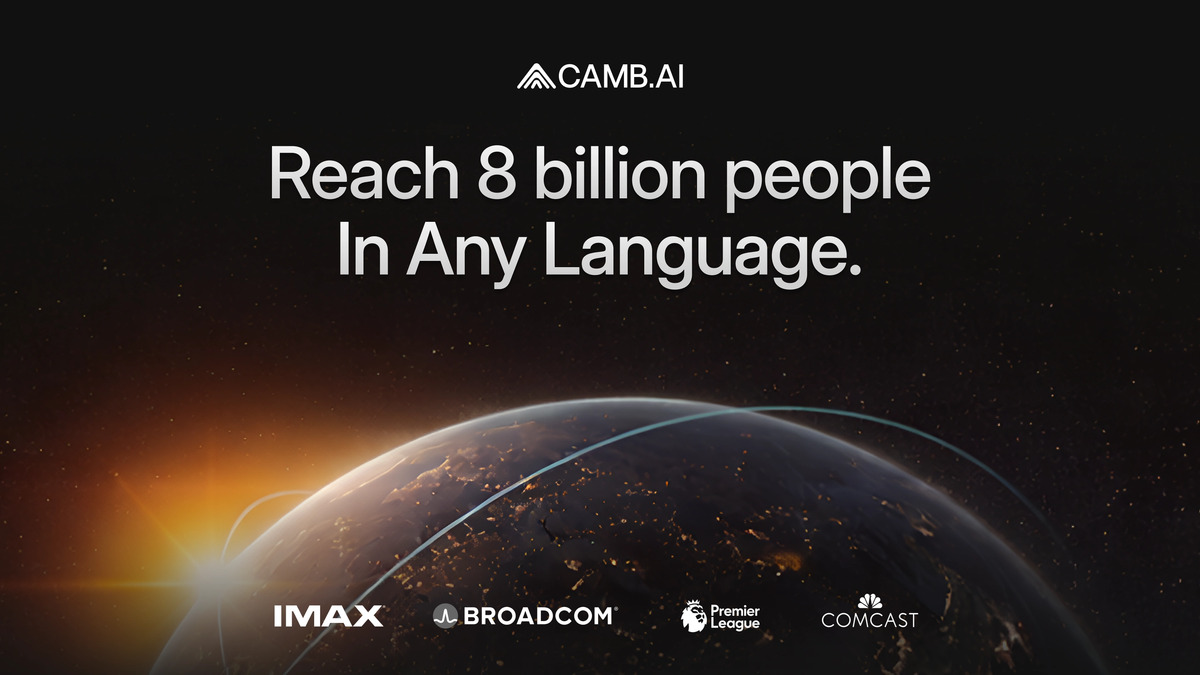 CAMB.AI homepage graphic showing a globe with the tagline Reach 8 billion people in any language, alongside enterprise partner logos including IMAX and Comcast