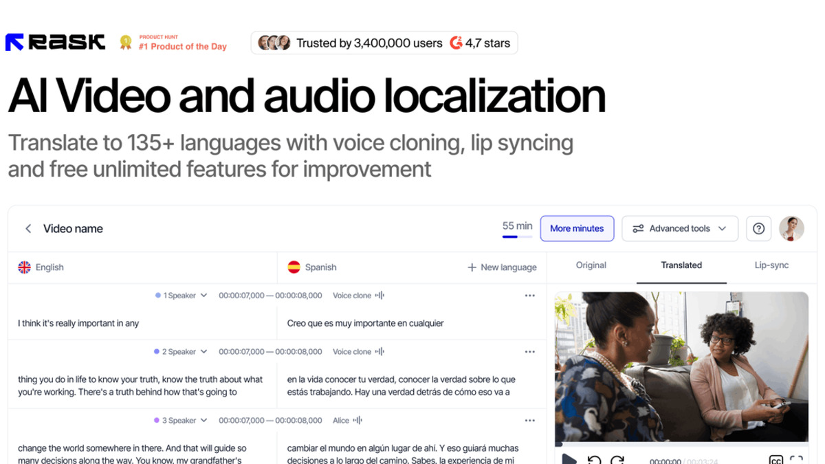 Rask AI dashboard showing a video timeline with original and translated Spanish subtitles side by side