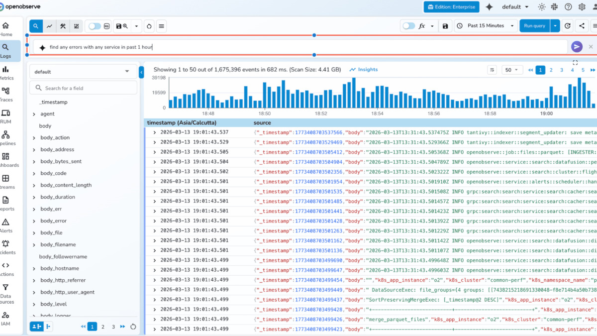 OpenObserve O2 Assistant showing NLP query mode for SQL generation